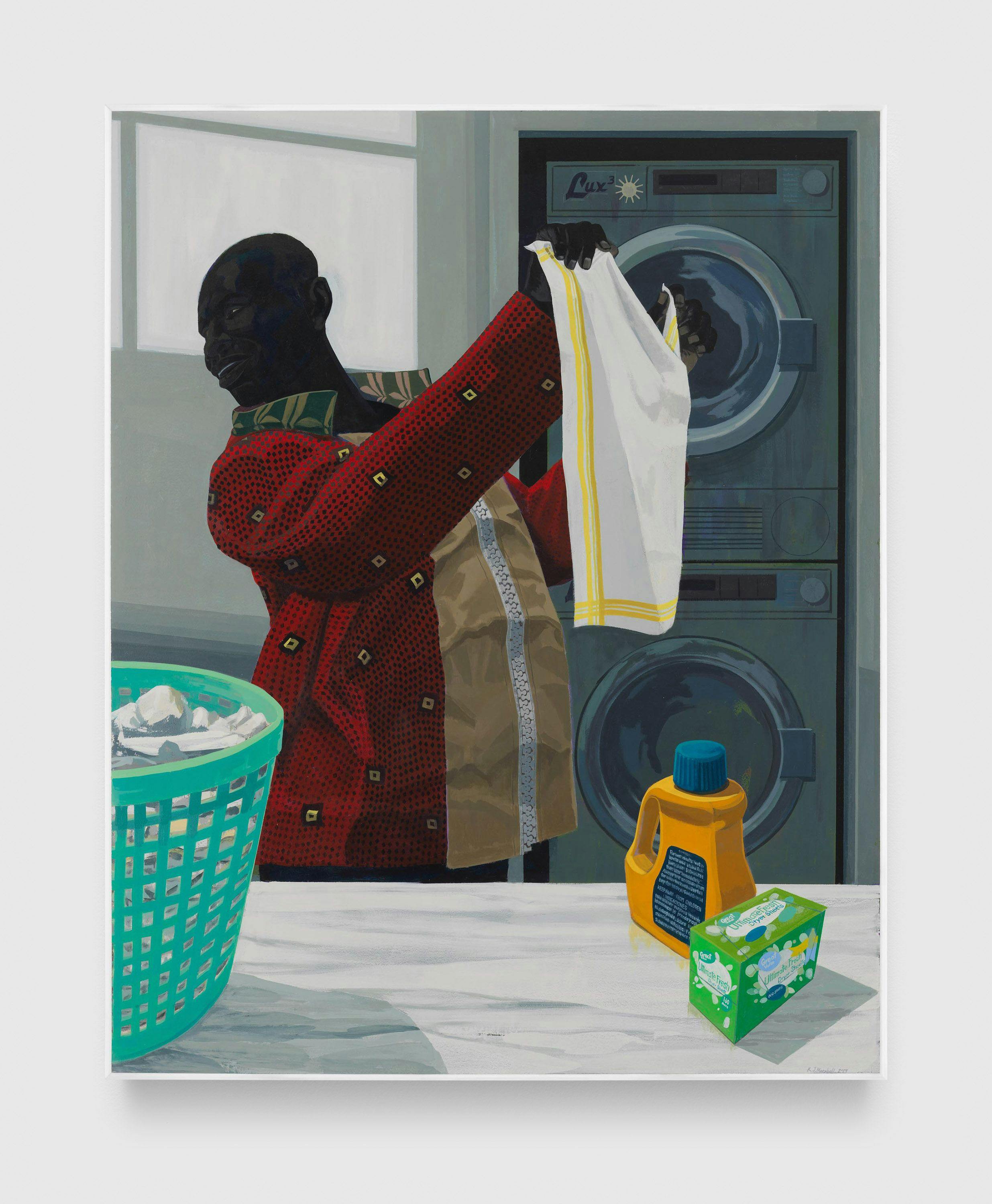 A painting by Kerry James Marshall, titled Laundry Man, dated 2019.